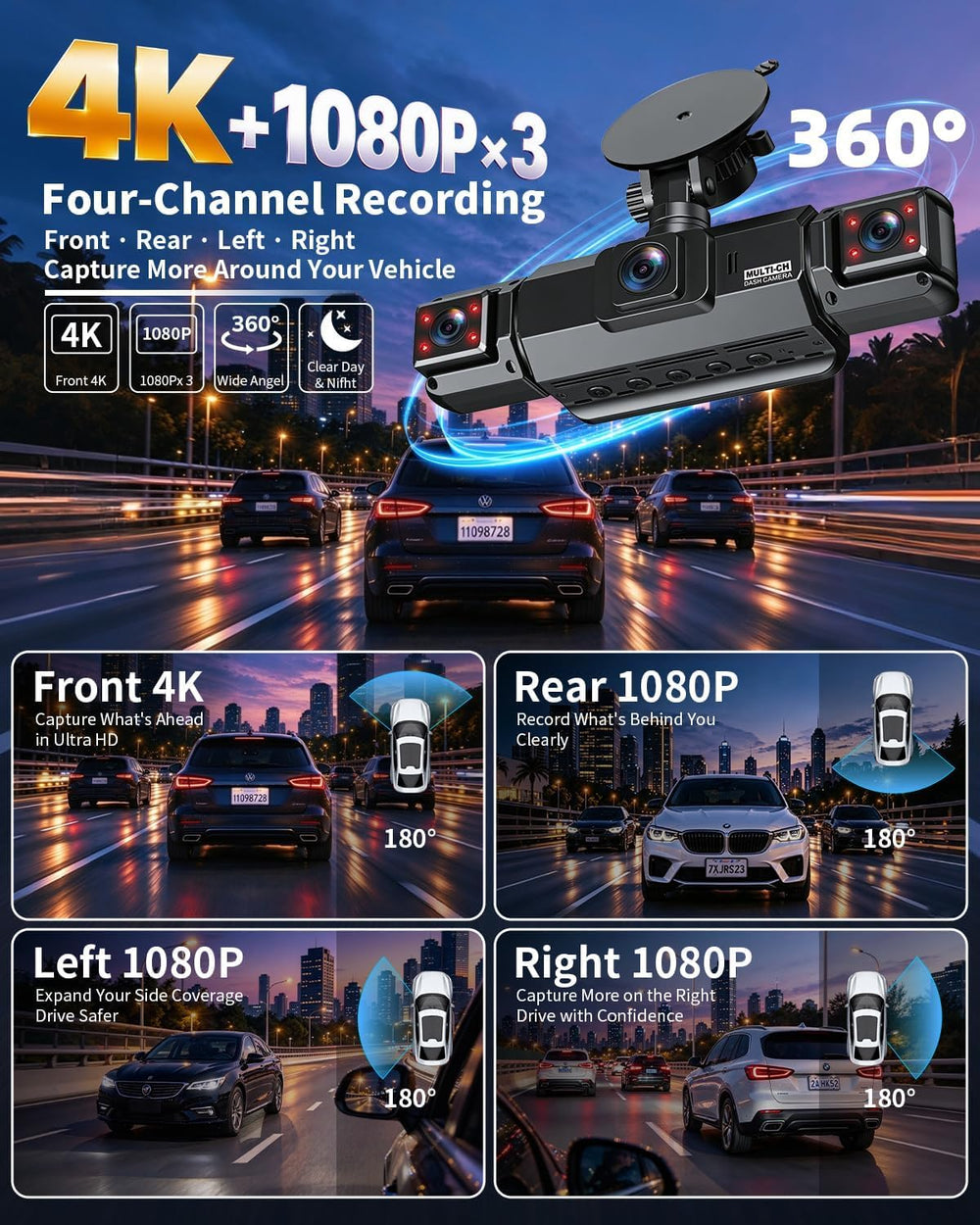 4 Channel Dash Cam Front and Rear, Pahaa 360° Dash Camera with WiFi