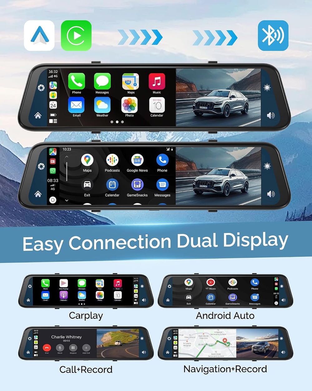 4K Rear View Mirror Camera with Carplay&Android Auto,12" Mirror Dash...