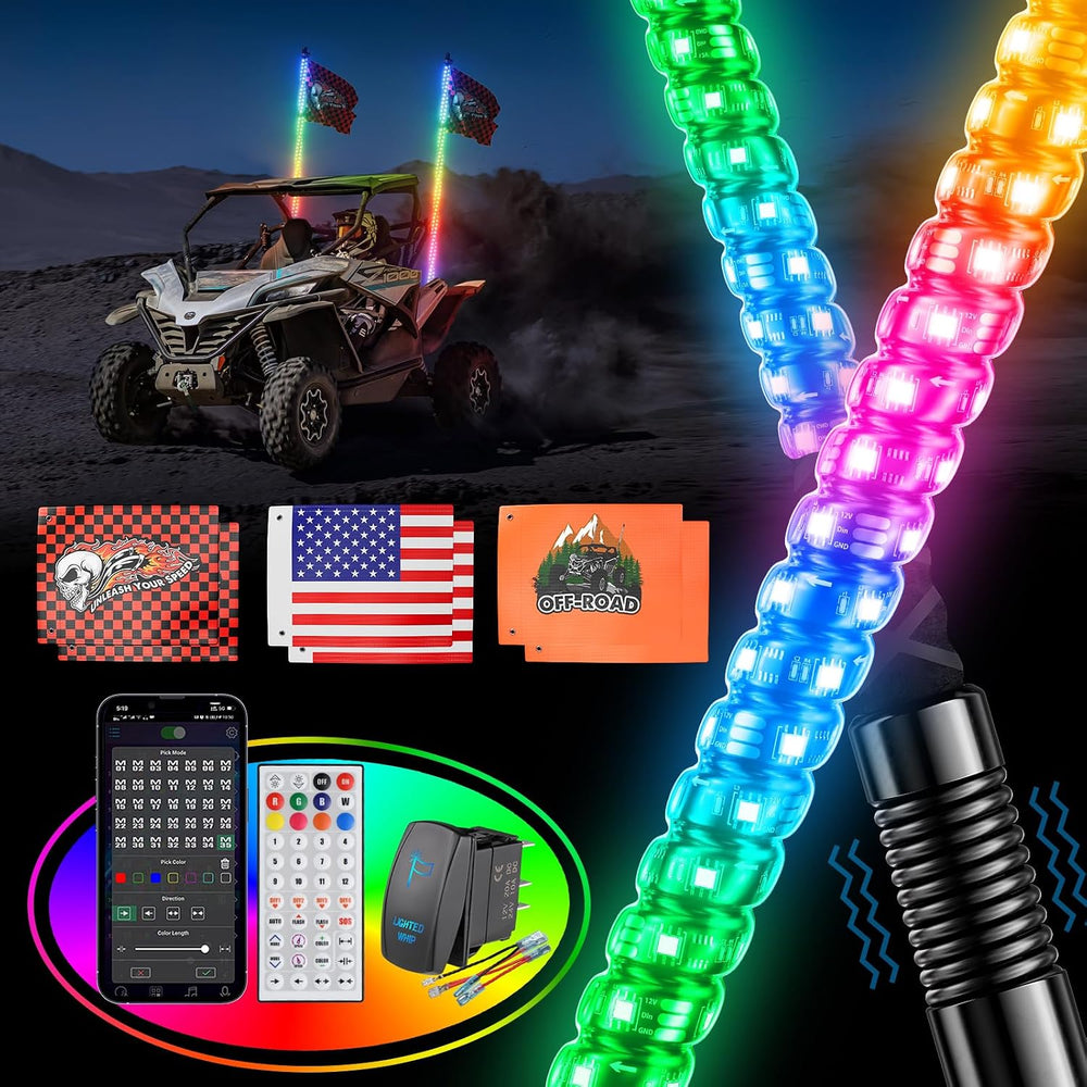Ehaho 2PCS 3FT Whip Lights for UTV ATV, Spring Base, Tri-Brighter, 6 Flags | ...