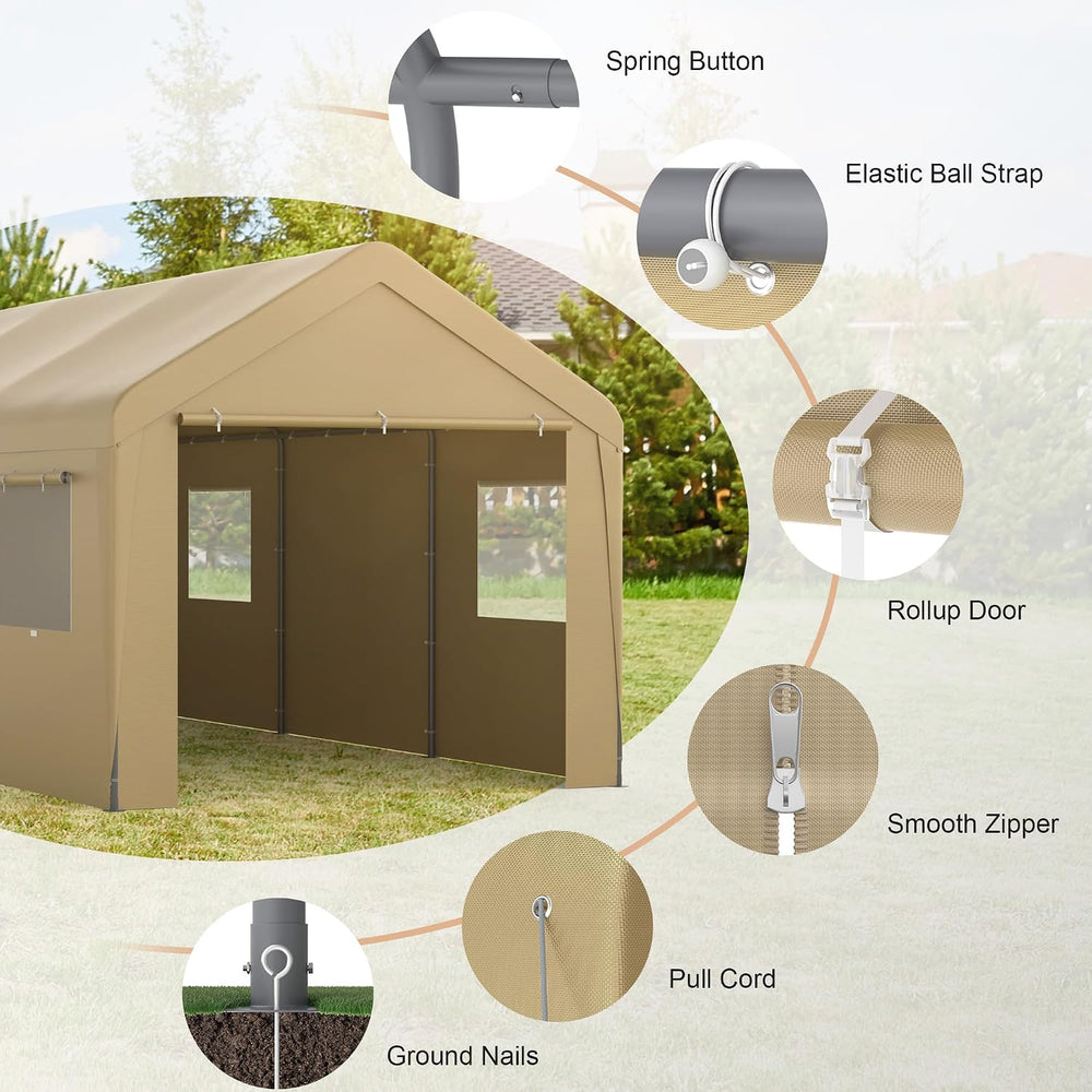 10x20 Carport with Roll-up Windows,Portable Garage Canopy for Truck Boat