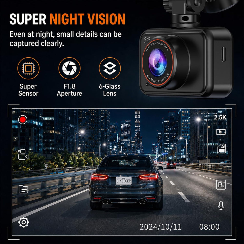 Dash Cam Front and Rear for Cars, 2.5K+1080P Dual Camera with 2" Screen