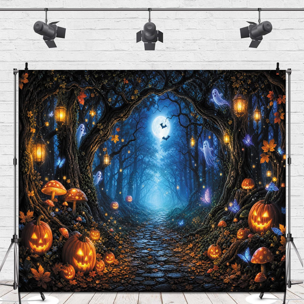 Leowefowa Halloween Enchanted Forest Backdrop 10x8ft Cute Ghost Glowing Lante...