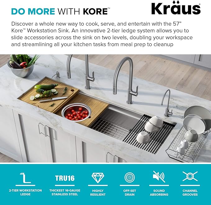 KRAUS Kore 57-inch Undermount Workstation 16 Gauge Single Bowl Stainless Steel