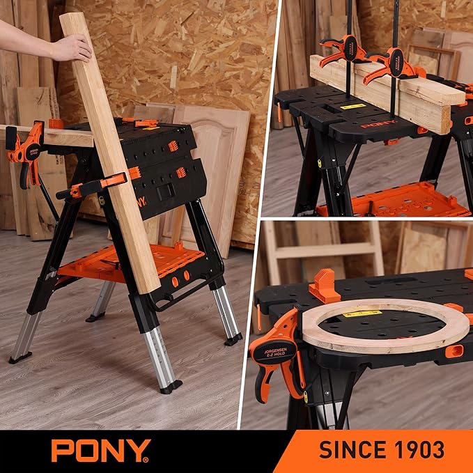Pony Portable Folding Work Table, 2-in-1 as Sawhorse & Workbench, 31” W×25”