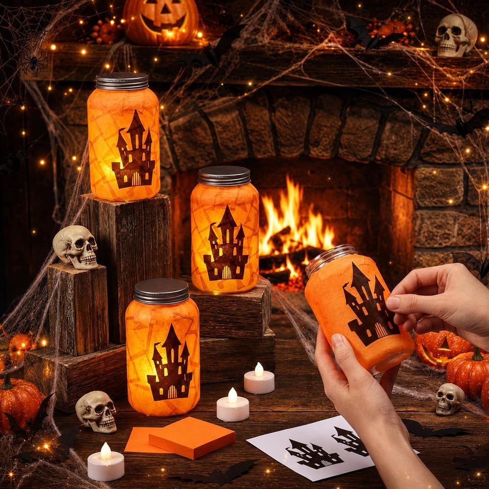 Qinyoung 12 Pcs Halloween Crafts Haunted House Mason Jars with LED Light