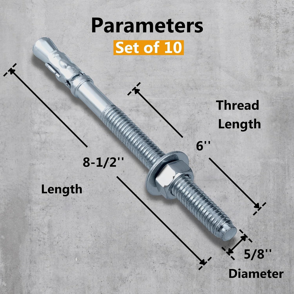 Party Animals 5/8 x 8-1/2 Inch Wedge Anchor, 10 PCs Zinc-Plated Industrial An...