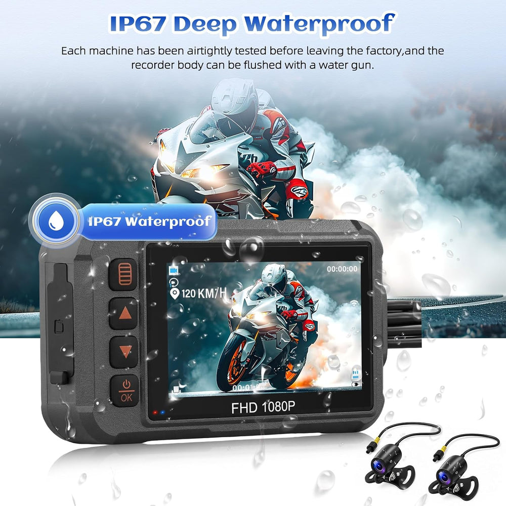Motorcycle Dash Cam Dual HD Camera Front and Rear View 3" IPS Screen 1080P