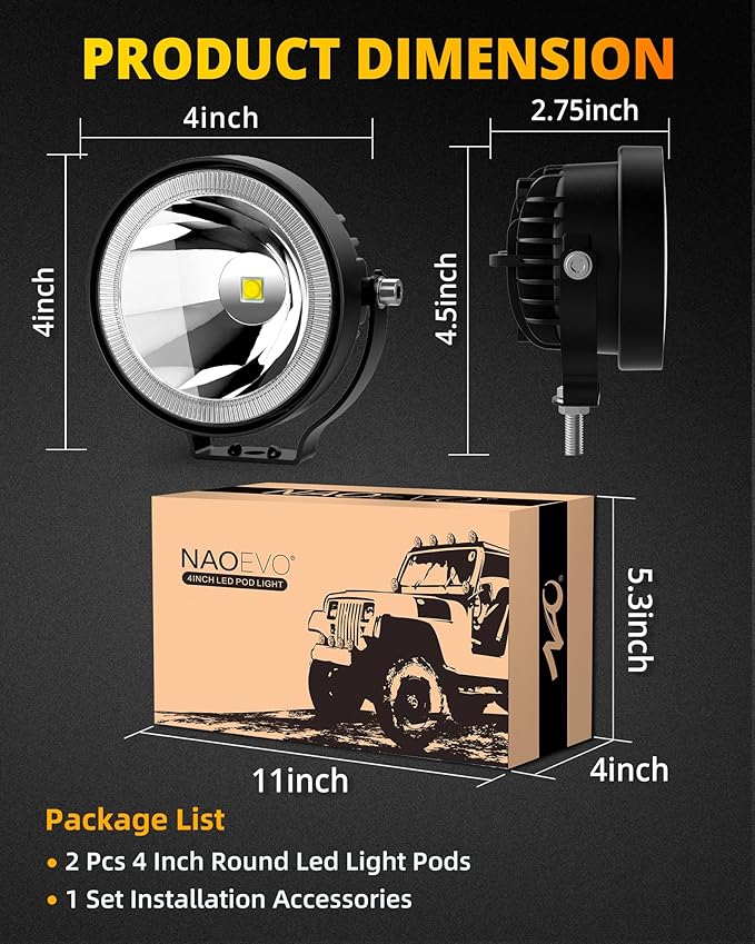 NAOEVO 4 Inch Round LED Pod Lights, 60W 6000LM LED Spot Off Road/Driving/Fog