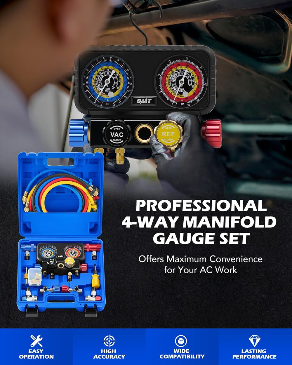 OMT 4-Way AC Manifold Gauge Set for R1234yf R134a R404a with 5ft Hoses