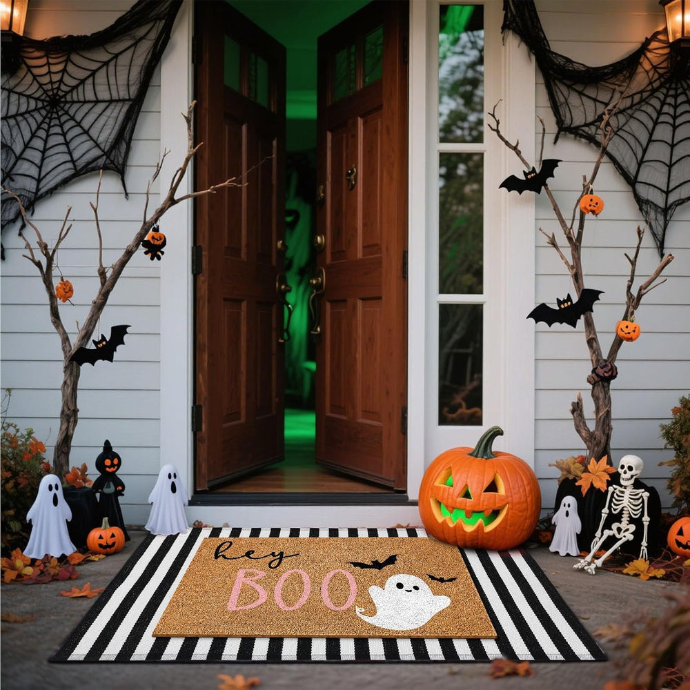 Duraaamo 2 Pcs Halloween Door Mat Outdoor, Ghost Pink Boo Style, Non Slip