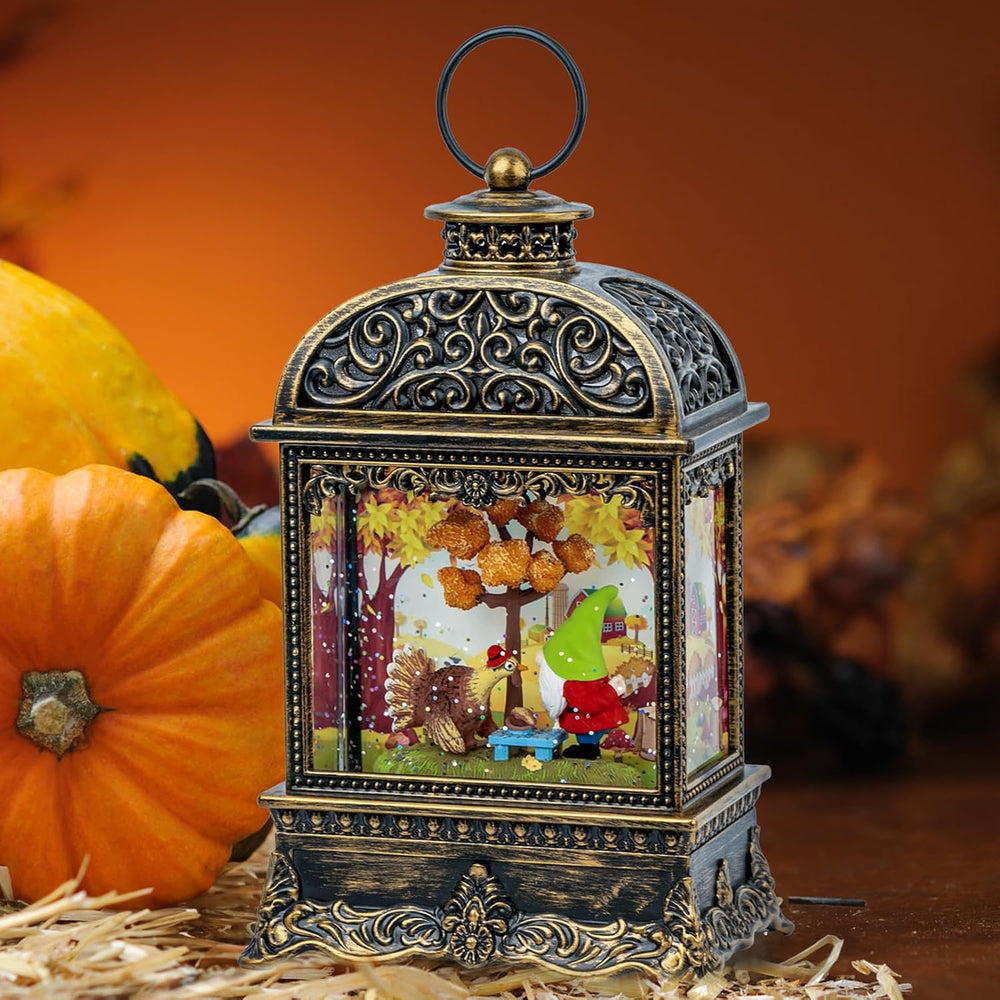 Fall Decor Snow Globe Lantern, Thanksgiving Decoration Swirling Glitter Gnome...