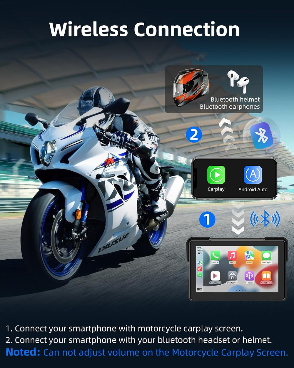 7" Motorcycle Carplay w Dual 4K Dash Camera Wireless Apple Carplay