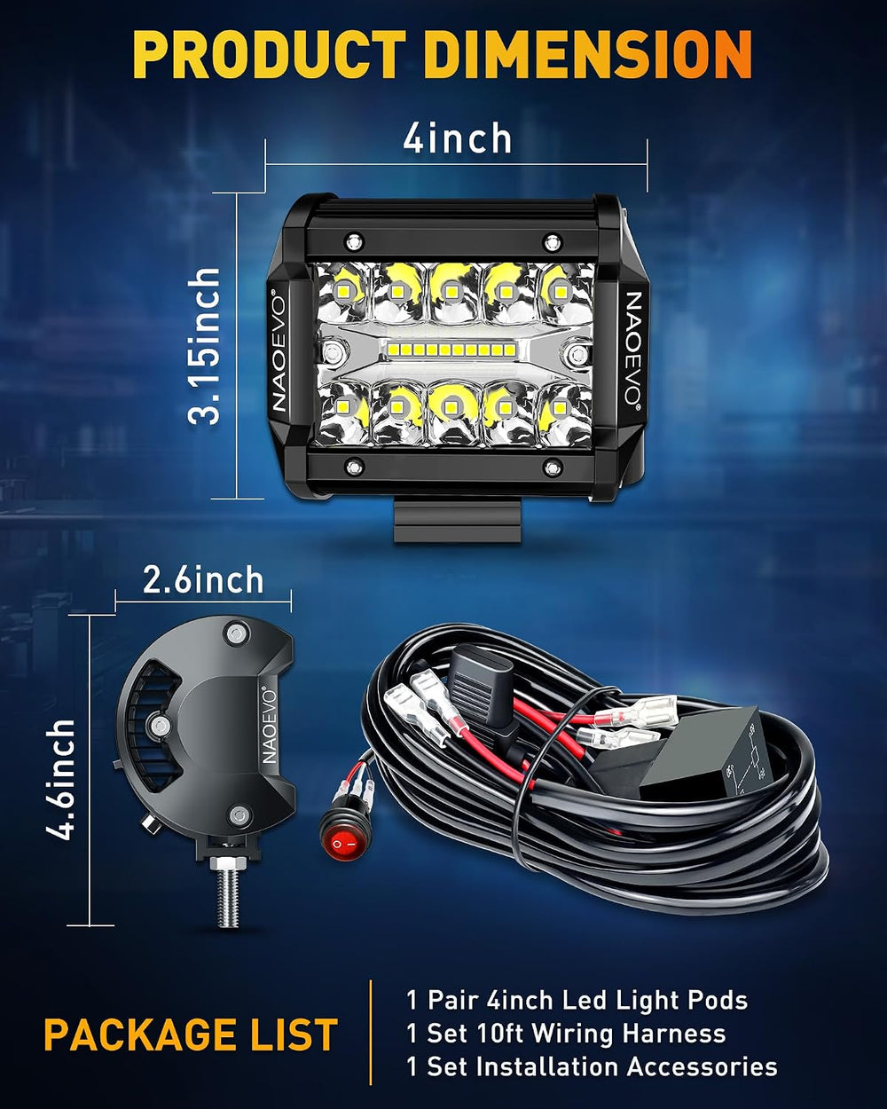 NAOEVO 4 Inch LED Pod Lights, White Fog Lights with 2-Lead Wiring Harness