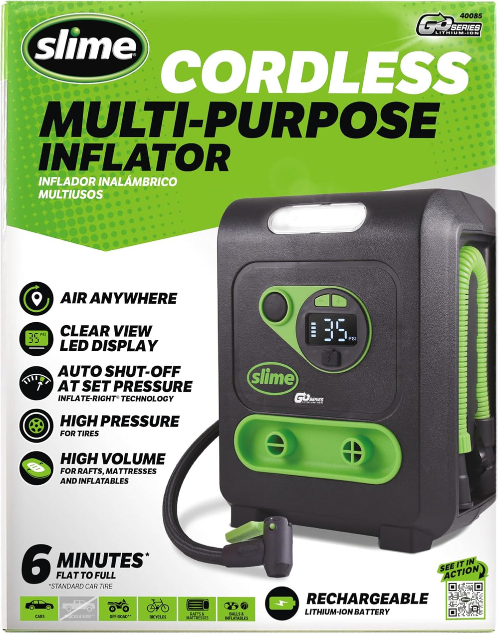 Slime 40085 Tire Inflator, Cordless, Multi-Purpose, Portable Air Compressor P...