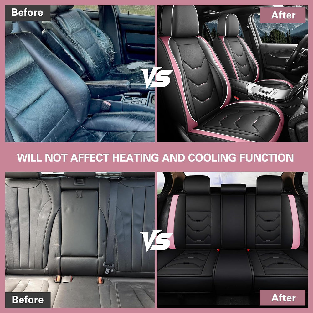 otoez Leather Seat Covers Full Set for Cars, Universal Fit, Black & Pink