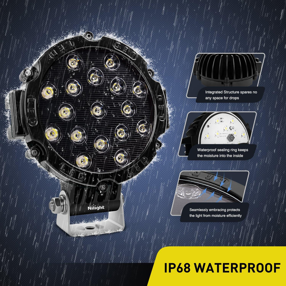 Nilight - 15023SB-B Led Light Bar 2PCS 7" 51w 5100LM Black Round Spot Li...