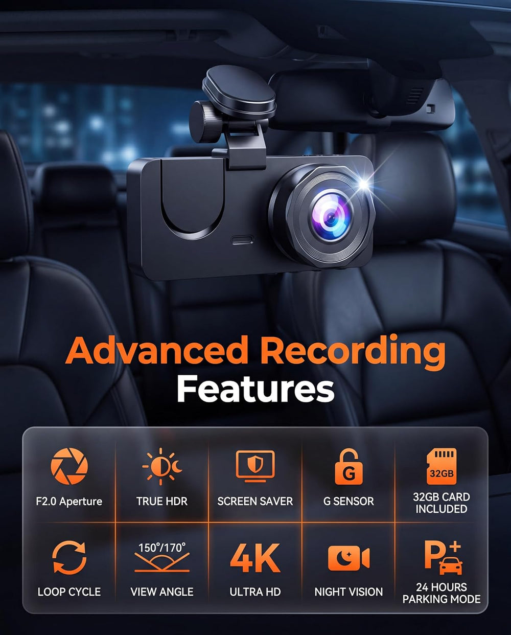 Dash Cam Front and Rear Inside, 4K Full HD 3 Channel Dash Camera for Car