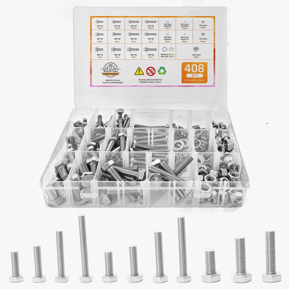 304 Stainless Steel (A2-70) Metric Bolt & Nut Assortment Kit - 408pcs M5/...