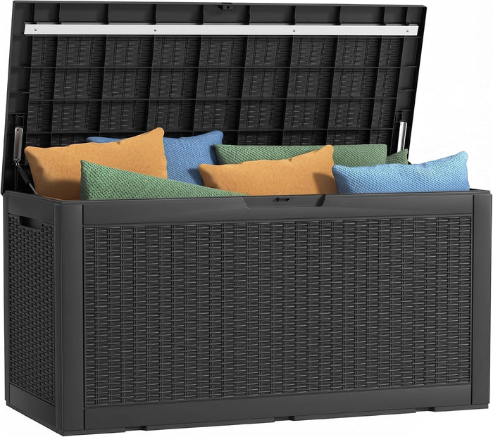 120 Gallon Outdoor Deck Box, Lockable Waterproof Outdoor Storage Boxes For Garden Tools,Indoor Cushions,Accessories Outside Storage Resin Weatherproof Container(Black)