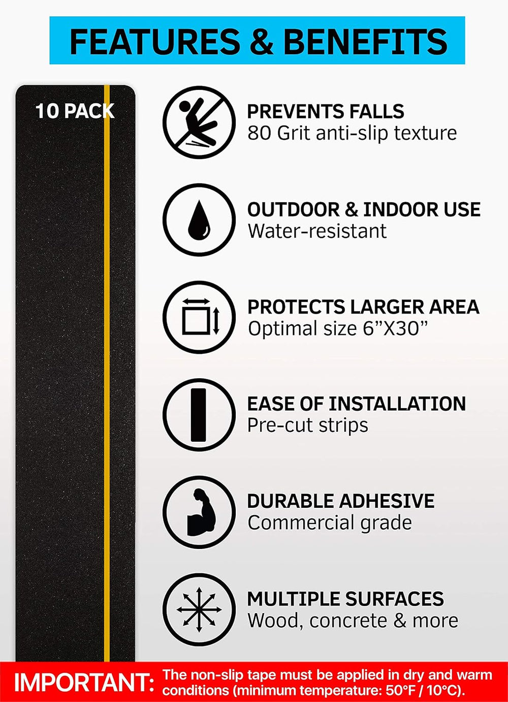 6”x30” Non-Slip Stair Treads Outdoor – (10-Pack) Reflective Anti-Slip Tape