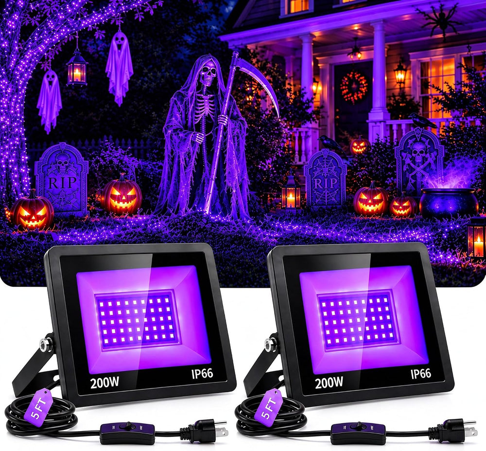 2-Pack 200W UV Black Lights for Halloween & Party, IP66, Plug/Switch