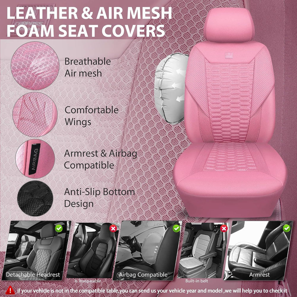 CAR PASS 3D Foam Mesh Leather Car Seat Covers Full Set, Pink Breathable Mesh ...