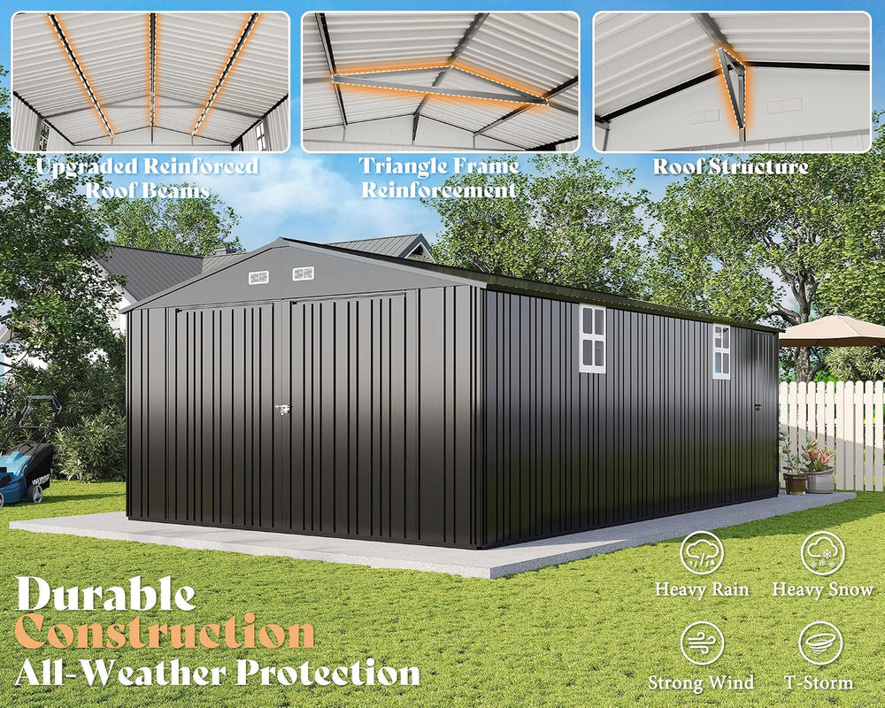 AMERLIFE 10x21x7.3 FT Garage Shed with 3 Lockable Doors & Reinforced Frame