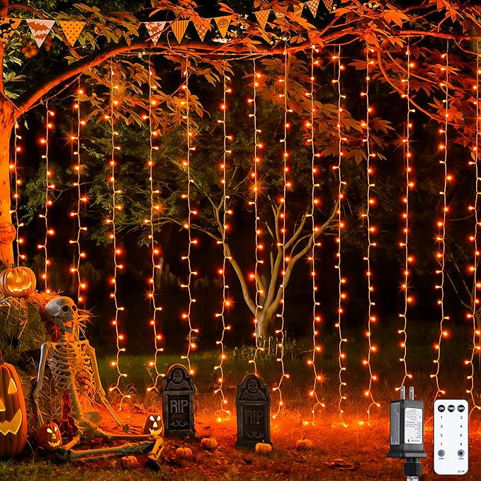 JMEXSUSS 300LED Orange Halloween Lights with Remote, 9.8x9.8ft Halloween Curt...