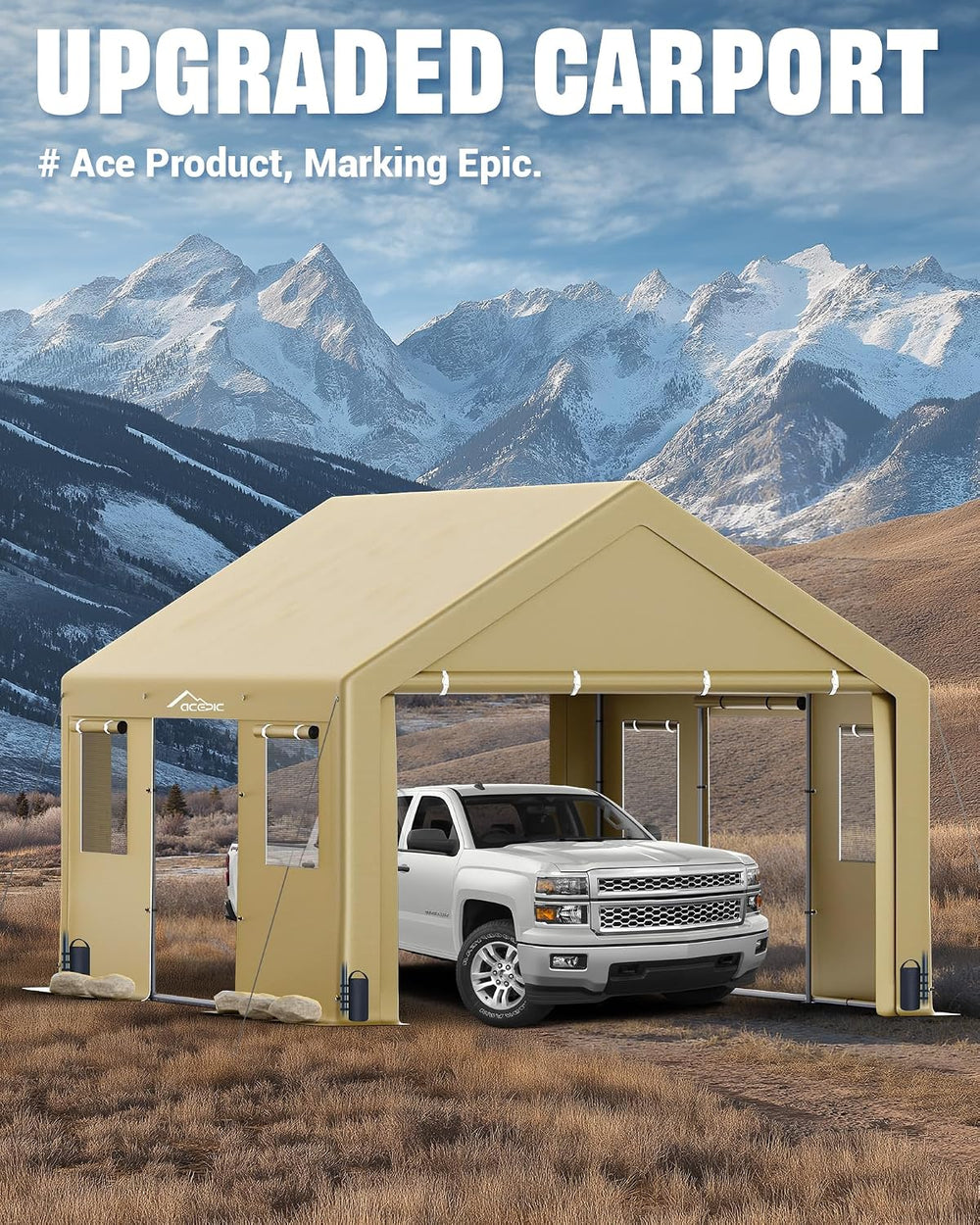 ACEPIC Upgraded 13x20ft Heavy Duty Drive-Through Carport, Khaki