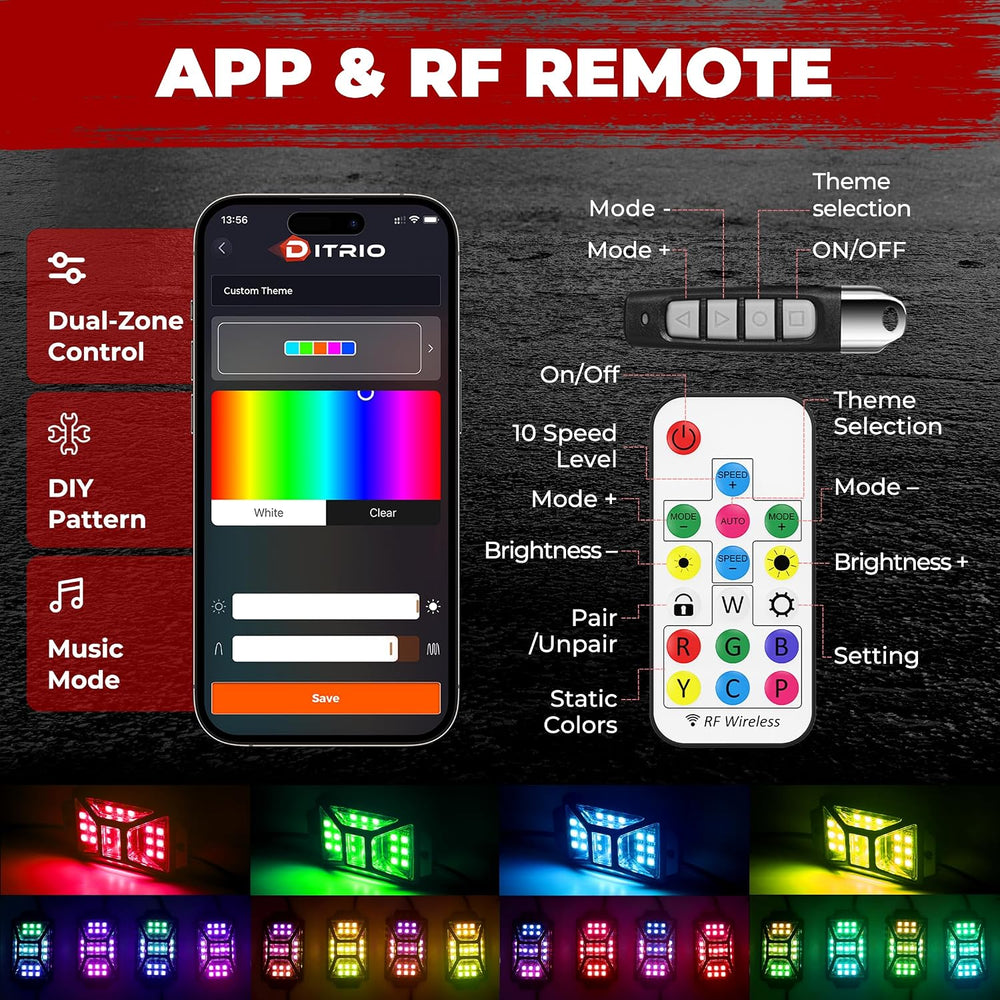 8 Pods Five Sided RGB Rock Lights for Trucks, Chasing Color App & Remote