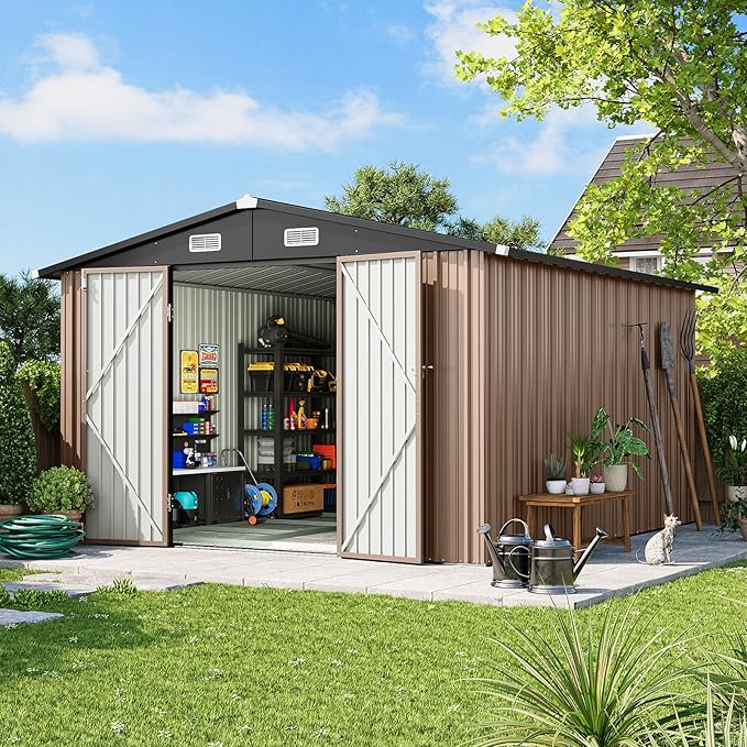10x12 FT Outdoor Storage Shed Heavy-Duty Galvanized Steel Metal Garden Shed