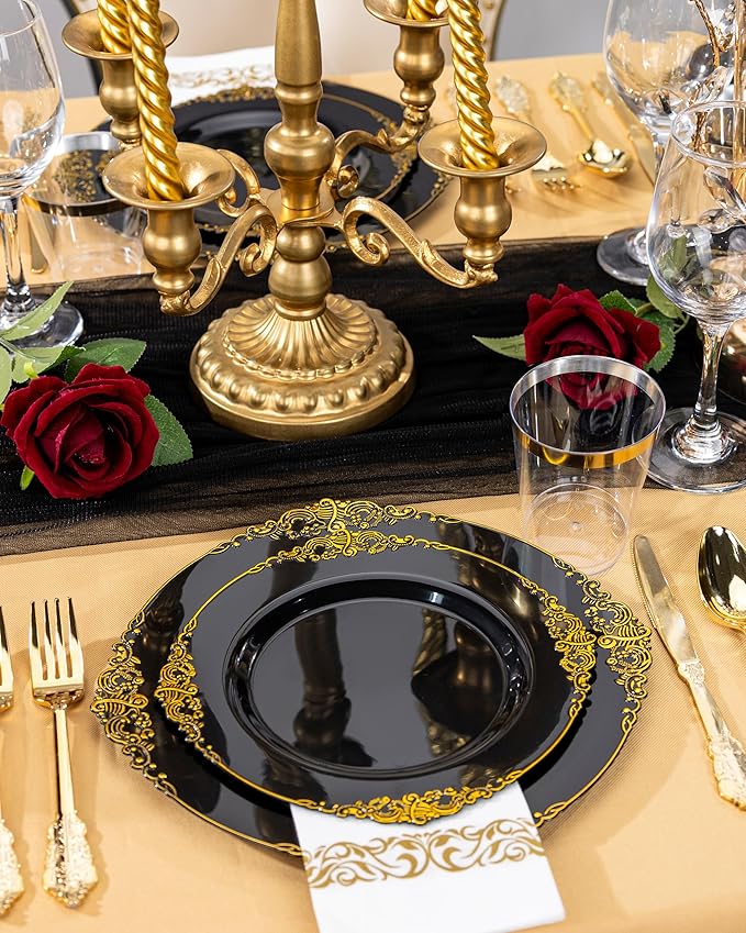 Nervure 350PCS Black Plastic Plates - Black Plastic Dinnerware Sets for 50 Gu...