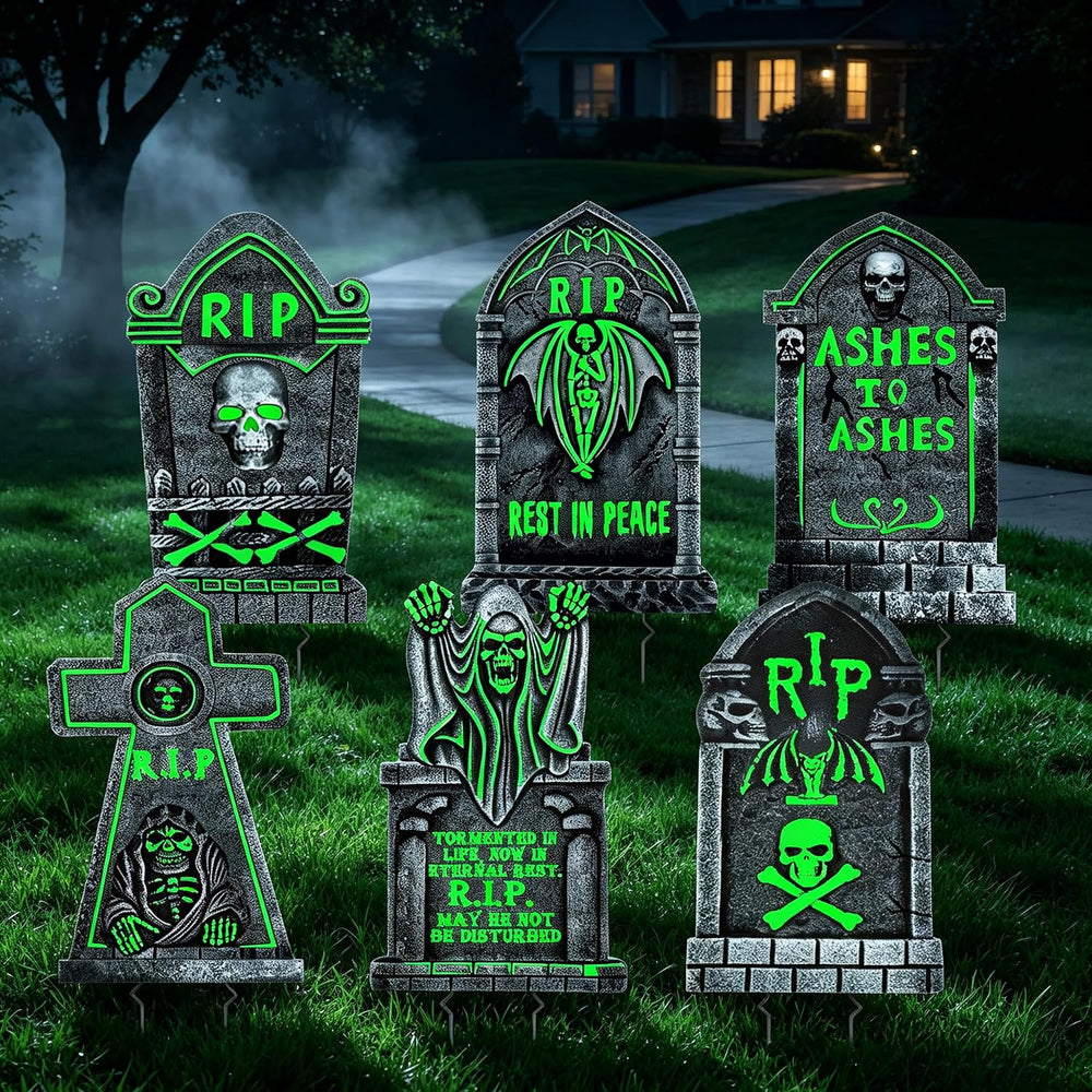 6 Pack Halloween Tombstone Decorations Glowing in The Dark, 25"x16"...