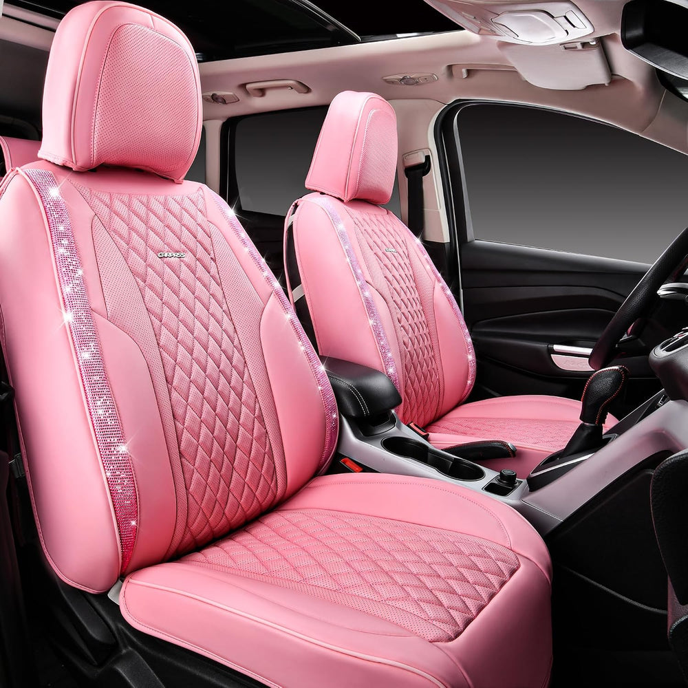 CAR PASS Pink Nappa Leather Car Seat Covers for Full Seats, Bling Diamond Wat...