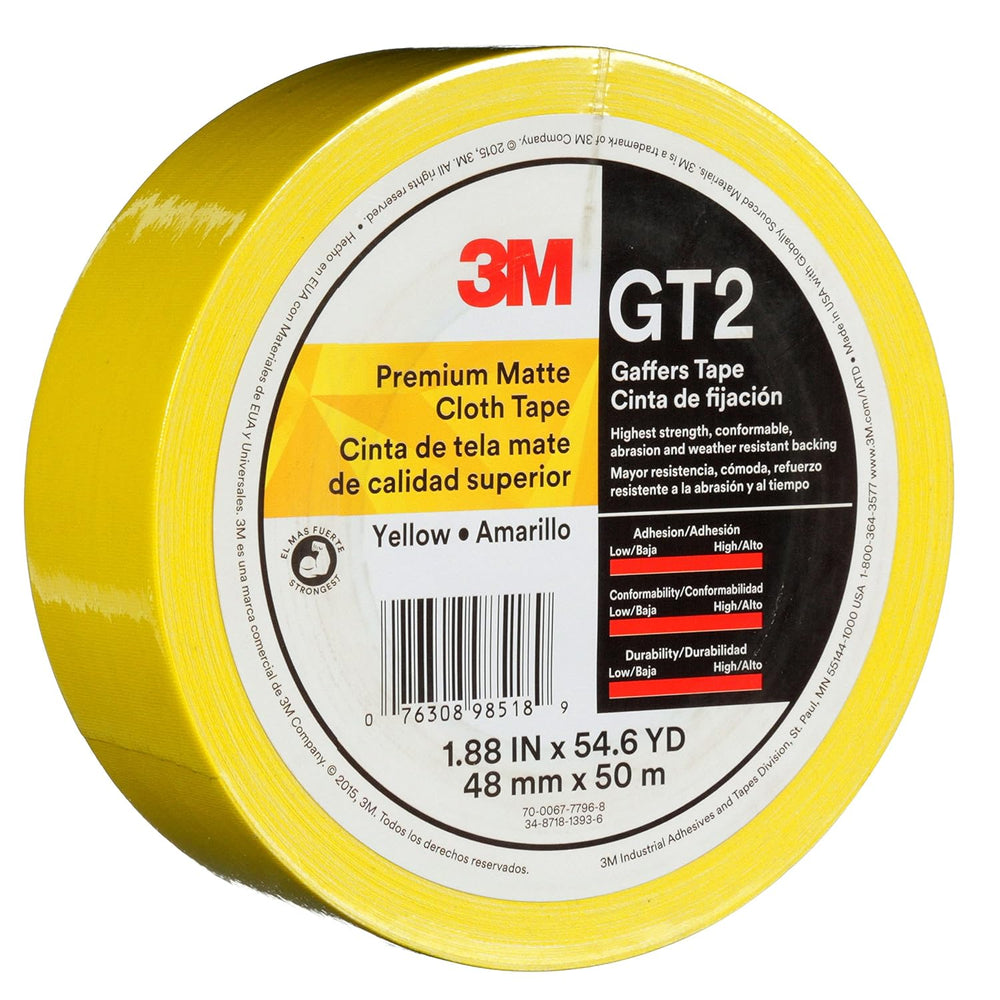 3M Premium Matte Cloth (Gaffers) Tape GT2, Yellow, 48 mm x 50 m, 11 mil