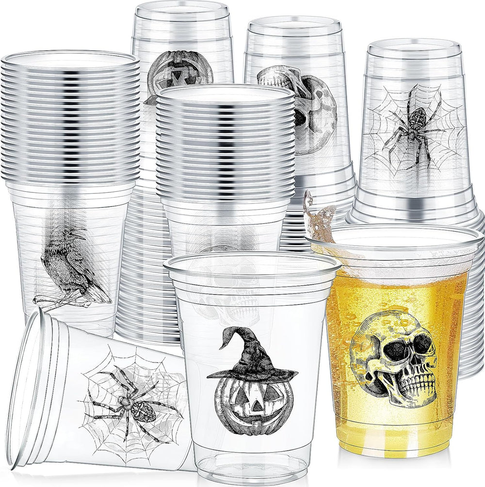 Teenyyou 16 oz Halloween Plastic Cup, Disposable Party Cup, 100 Pcs, Skull