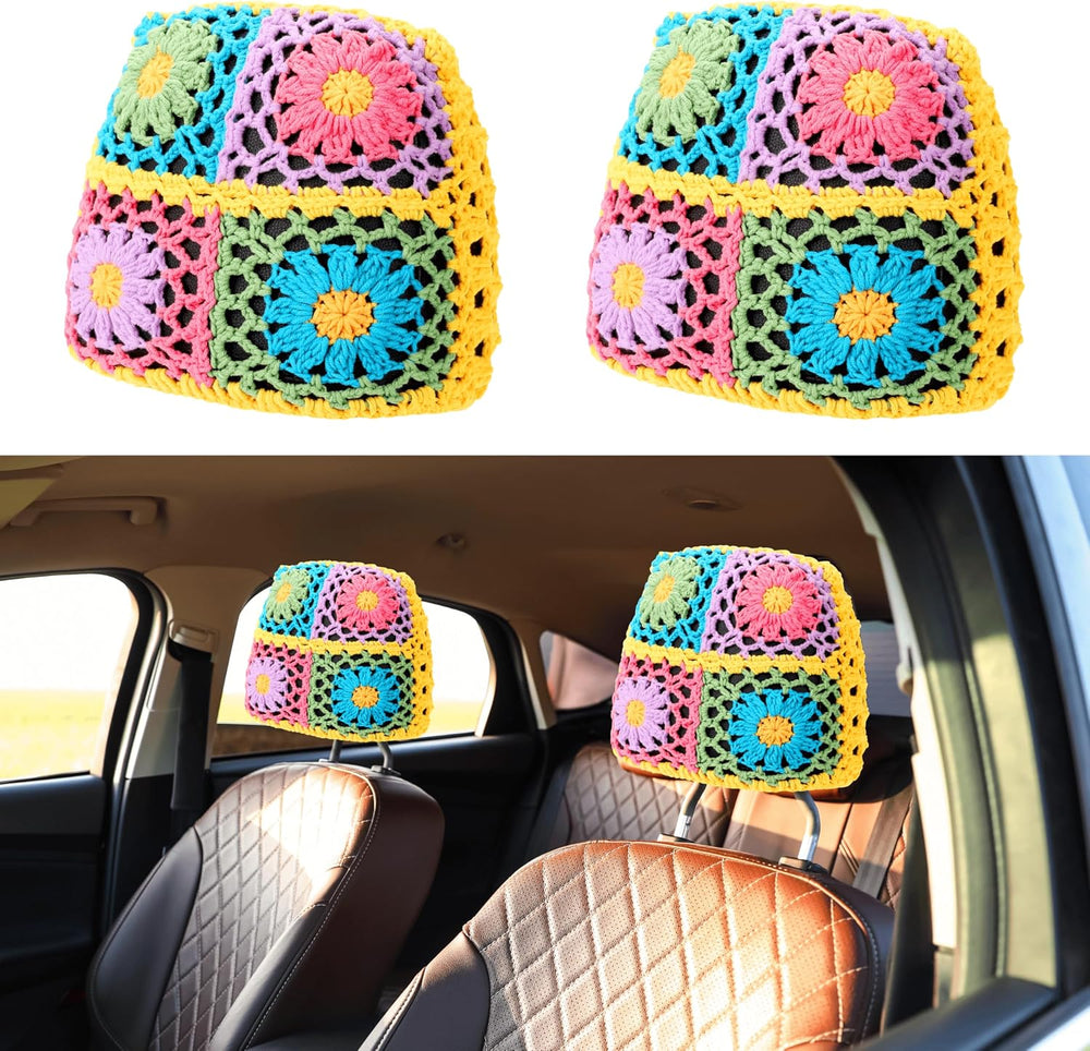 Crochet Seat Headrest Cover, Car Head Rest Protector, Cute Sunflower Car Acce...