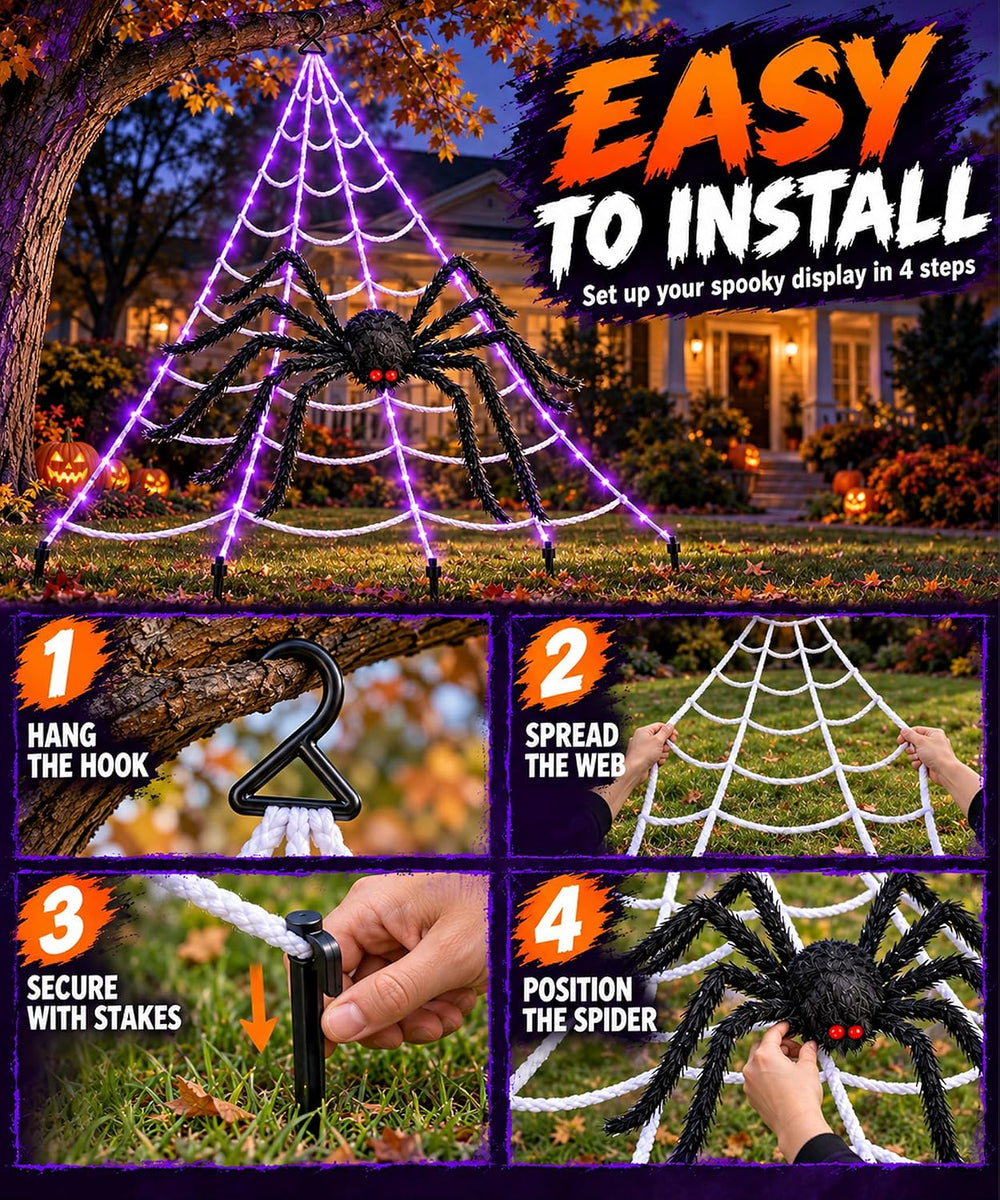 Giant Lighted Spider Web Halloween Decorations, 16.4 FT Web with 250 Purple L...