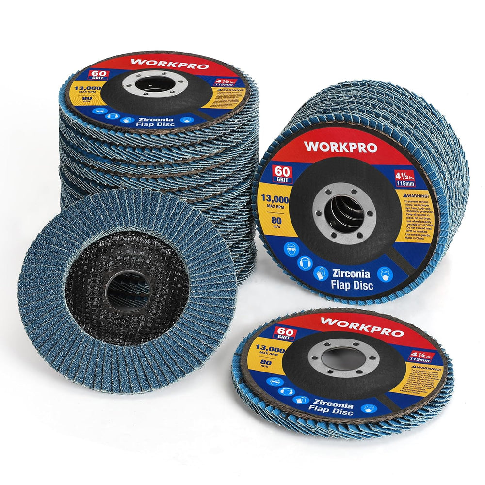 WORKPRO 20-Pack Zirconia Flap Discs, 4-1/2" x 7/8", T29, 60 Grit