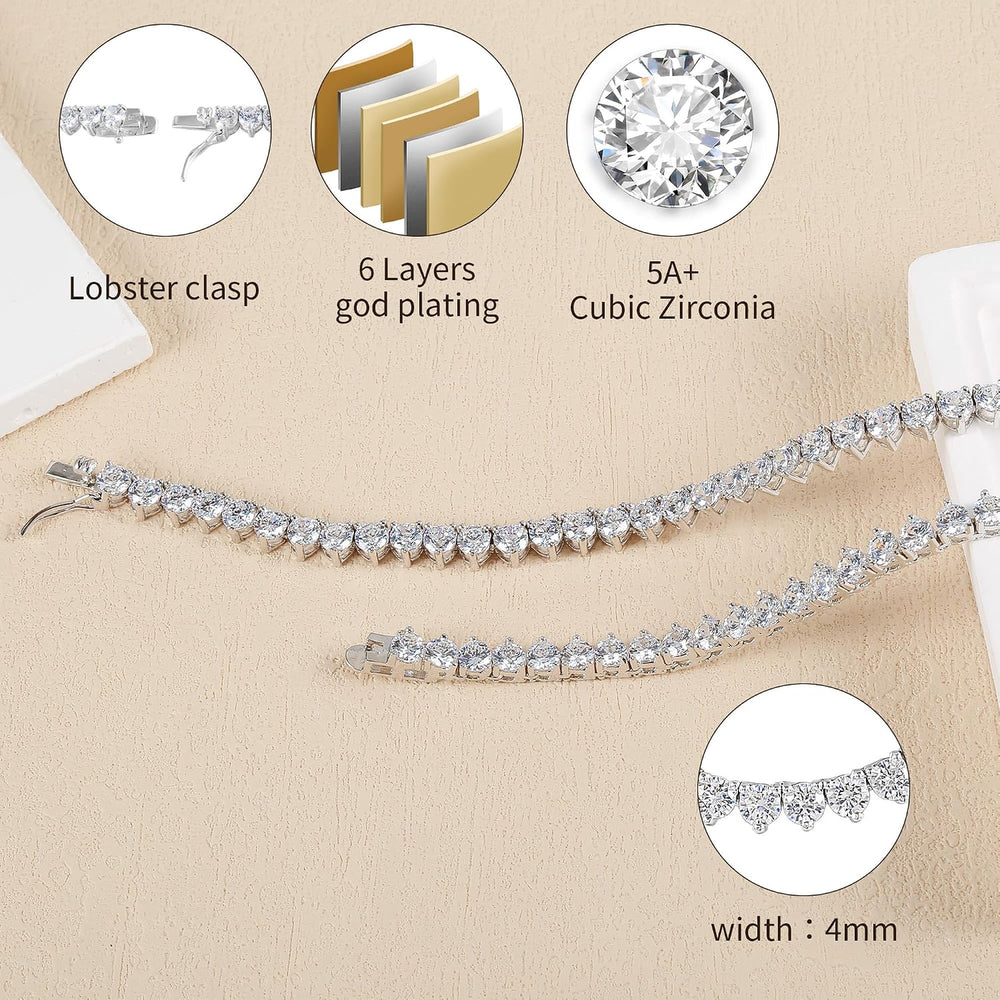 Graduated Tennis Necklace for Women Men 18K White Gold Plated 5A 4.0mm 3 Pron...