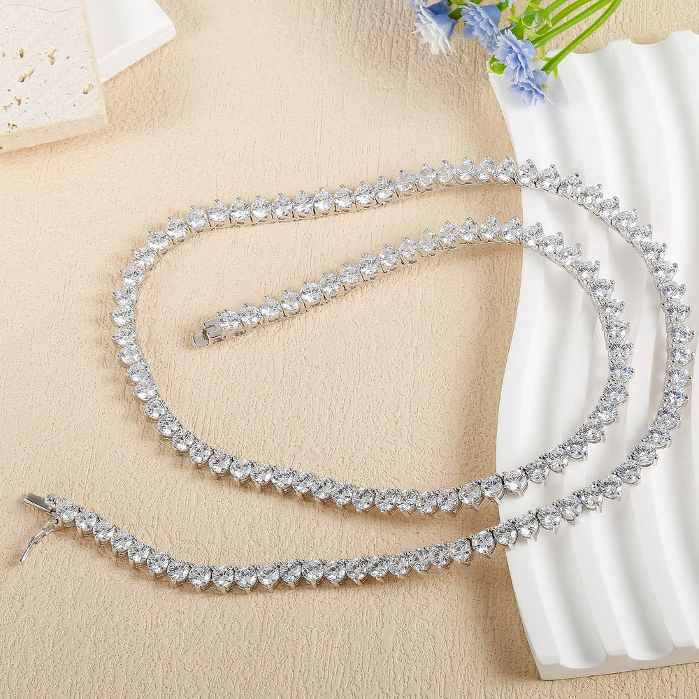Graduated Tennis Necklace for Women Men 18K White Gold Plated 5A 4.0mm 3 Pron...
