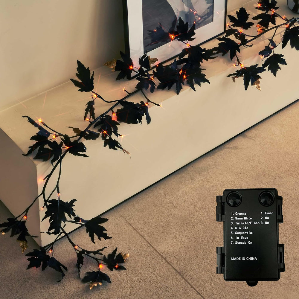 Birchlitland Halloween Black Maple Garland with Lights Timer 48 LED Orange an...