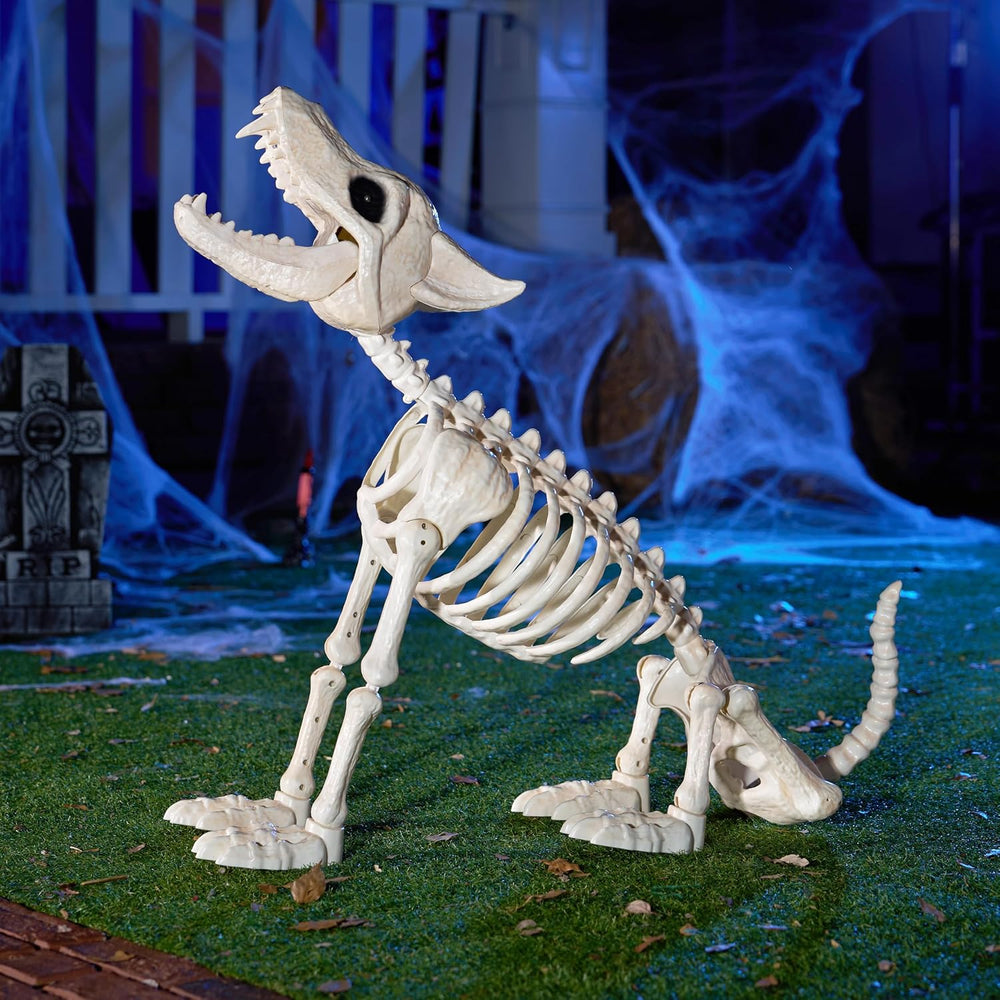 JOYIN Howling Wolf Skeletons Halloween Decorations 34” Skeleton Dog with Red ...