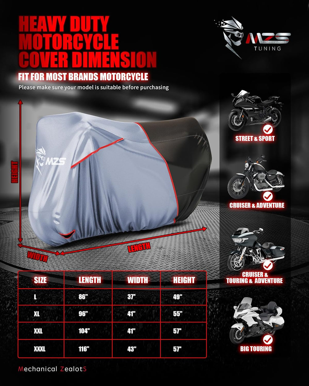 MZS Motorcycle Cover Waterproof Outdoor, Heavy Duty All Season Weather Sun Pr...