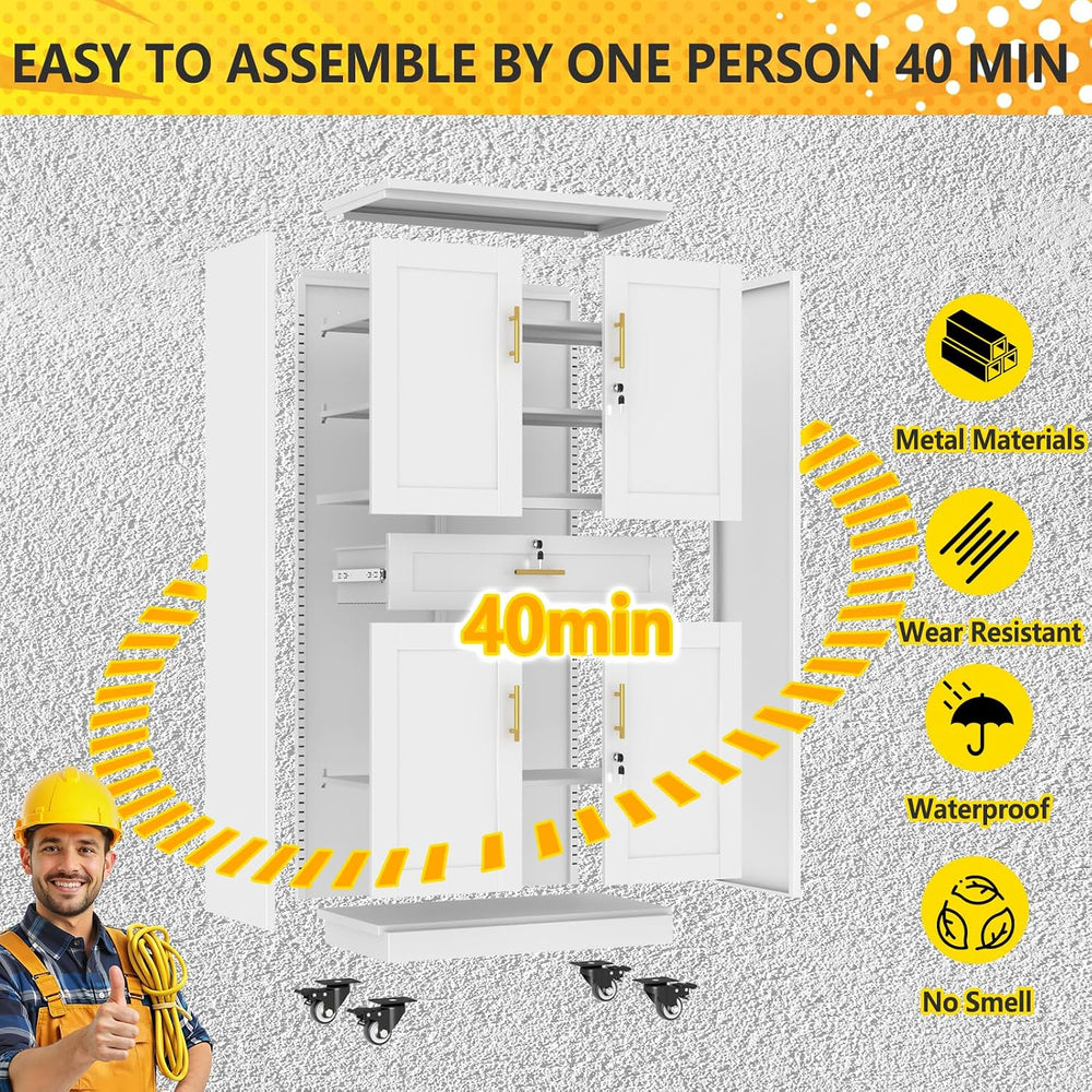 74" White Lockable Rolling Metal Garage Storage Cabinet