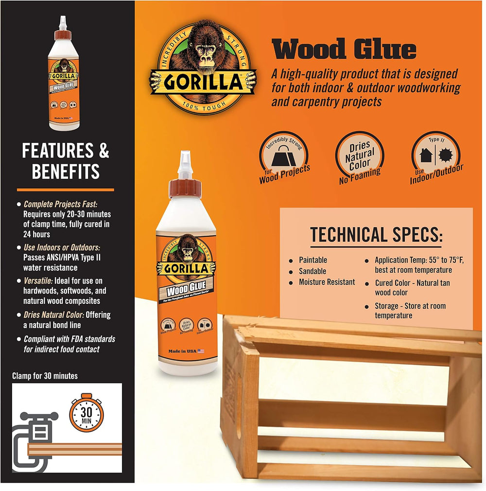 Gorilla Wood Glue, 18 ounce Bottle, (Pack of 12)