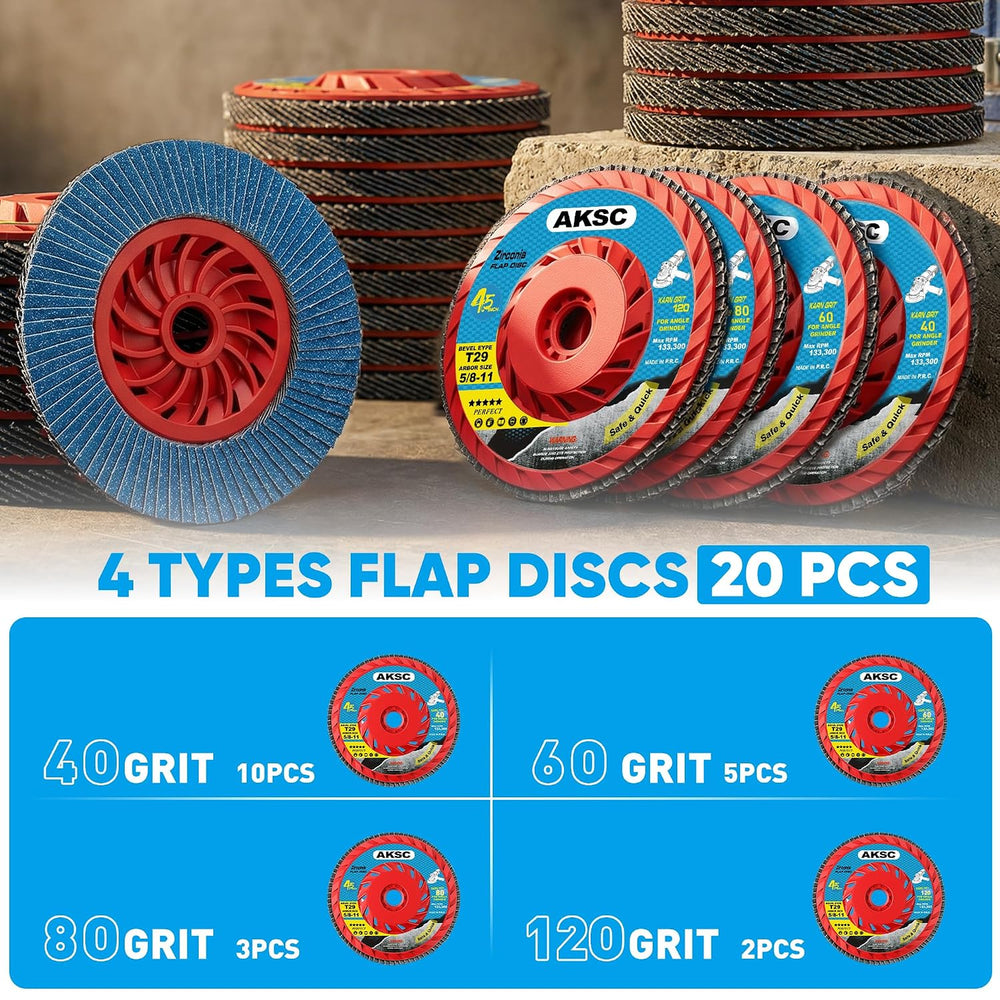 Flap Discs 40 60 80 120 Grit, 4 1/2 x 5/8-11 Inches, Type 29, 20 Pack