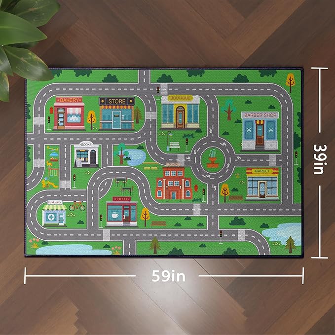 Play Rug for Playroom 59"x39" Car Mat Town City Road Map for Boys B...