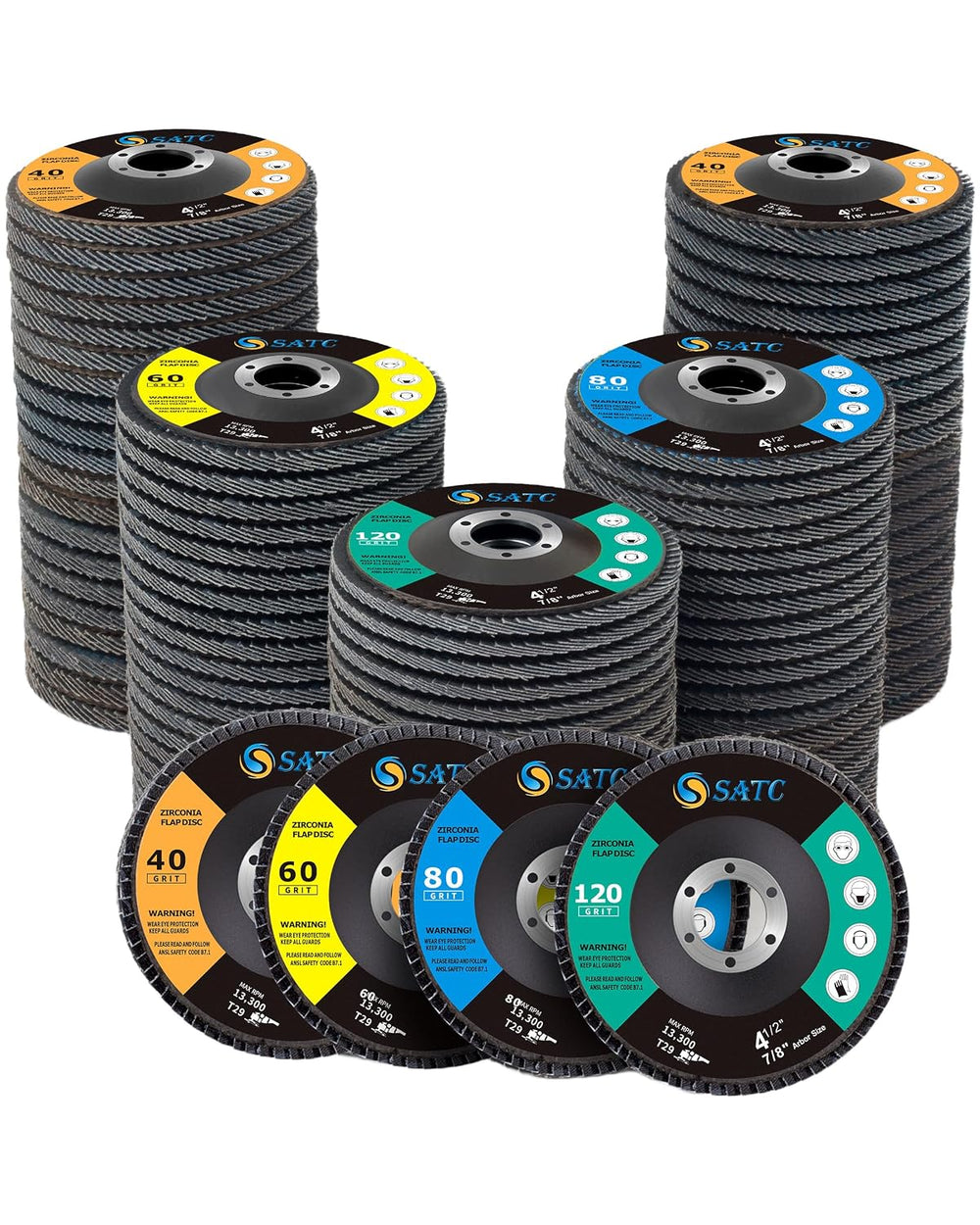 S SATC 4 1/2" Flap Discs 100 Pack Assorted Grit 40/60/80/120 T29 Angle G...