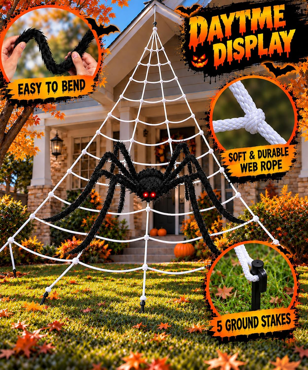 Giant Lighted Spider Web Halloween Decorations, 16.4 FT Web with 250 Purple L...